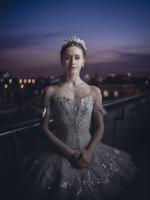 Marianela Nuñez on the balcony of the Royal Opera House after the Sleeping Beauty photoshoot.