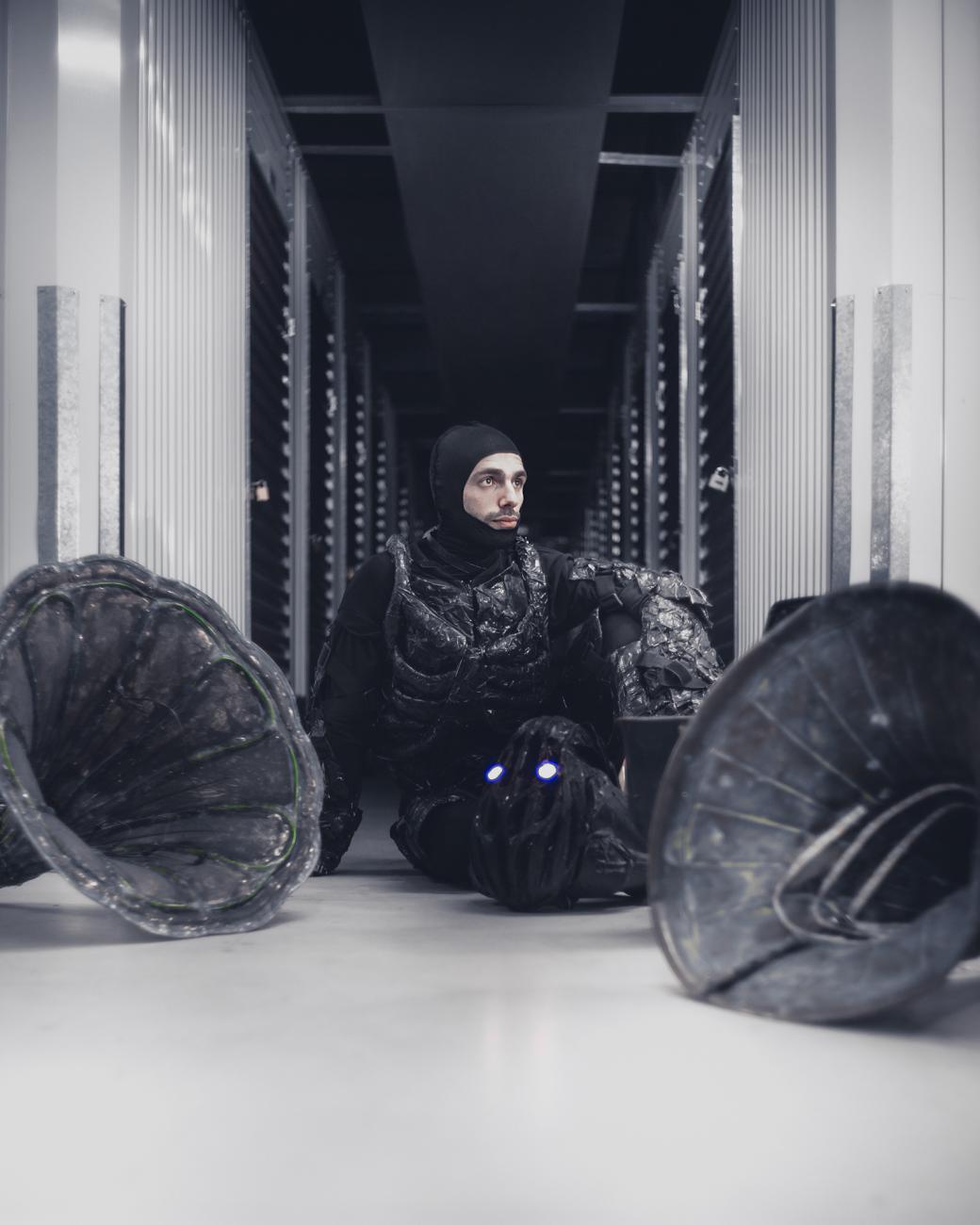 Malik Ibheis in their lock up / storage space, London 2017